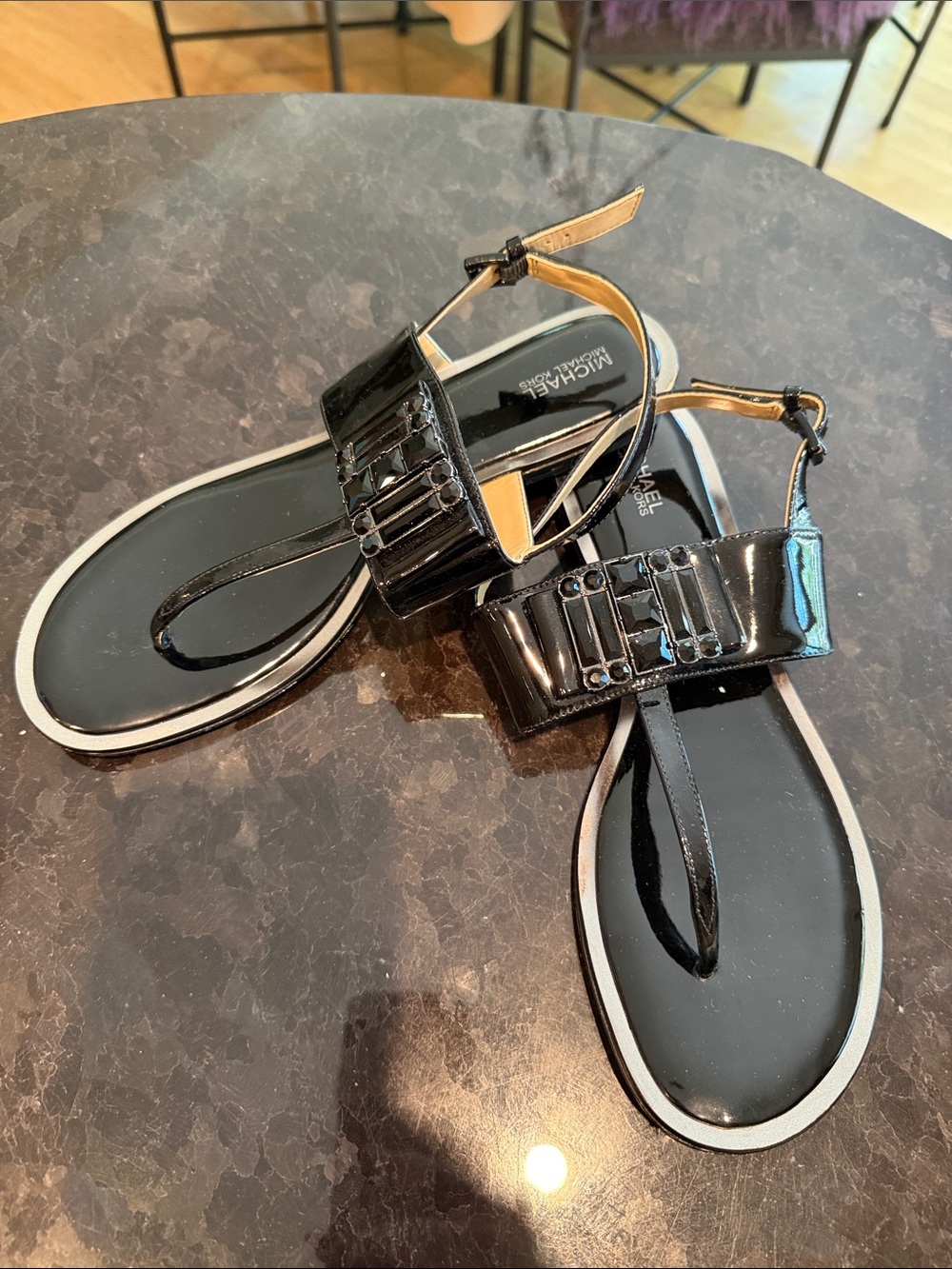 Michael Kors Black Patent Toe-Post Sandals with Decorative Strap
